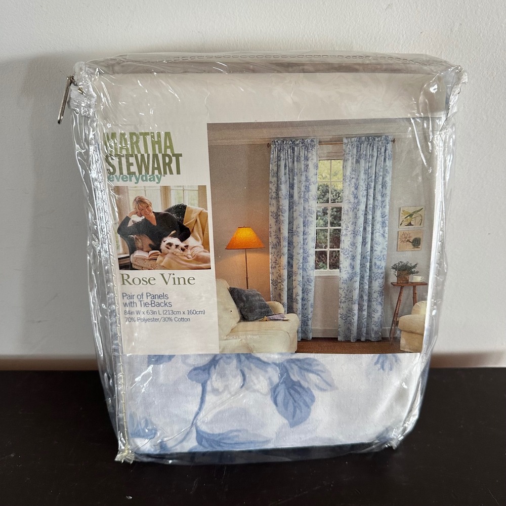 Martha Stewart Rose Vine Blue Floral Curtain Panels 84x63 Set 2 New Cottagecore
